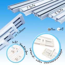Aluminium Gardinenschiene Schiebevorhang Montage Set 2 / 3 läufig weiß / silber